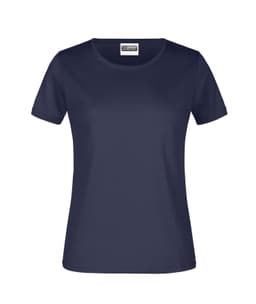 A navy blue women's t-shirt with a crew neckline and short sleeves, featuring a branding label.