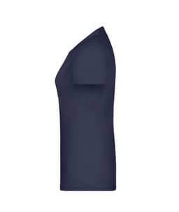 A navy blue women's t-shirt featuring a fitted design and short sleeves, with a logo on it.