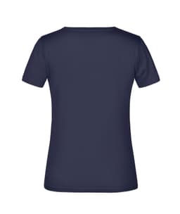 A navy blue T-shirt featuring a classic crew neck and short sleeves, without any visible logos or branding.