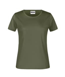 A green t-shirt with short sleeves and a round neckline, featuring a logo on the label.