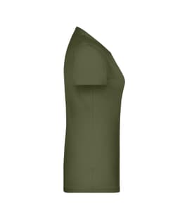 An olive green women's T-shirt with a fitted style and short sleeves, featuring a logo.