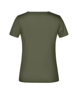 A green women's t-shirt with short sleeves, featuring a simple design and a logo on the back.