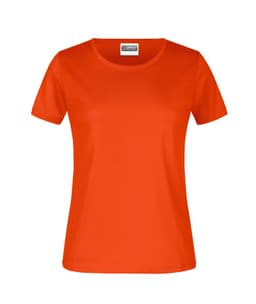 An orange T-shirt with short sleeves and a round neckline, featuring a logo on the inside label.