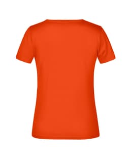 An orange women's T-shirt with a short sleeve design and a plain back. It features a branding logo.