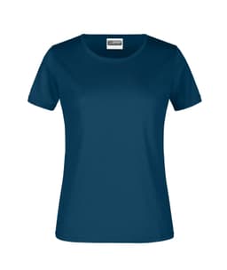 A women's navy blue short-sleeve T-shirt with a rounded neckline and a logo.