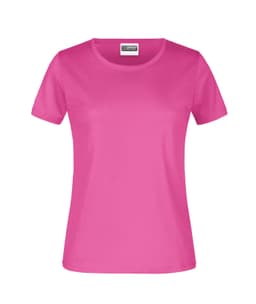 A pink t-shirt with short sleeves and a round neckline, featuring a logo.