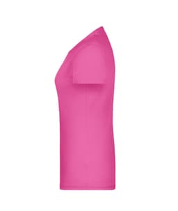 A pink women's t-shirt featuring a fitted side profile, with a plain design and a logo.