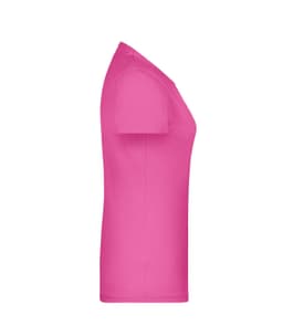 A bright pink T-shirt with a fitted silhouette, featuring short sleeves and a simple design. It has a logo on it.