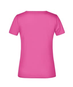 A pink T-shirt with short sleeves and a fitted cut, featuring a branding logo.