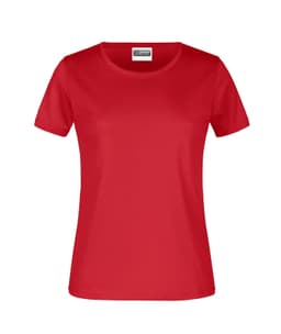 A red short-sleeved women's T-shirt featuring a plain design and a tag inside the collar.
