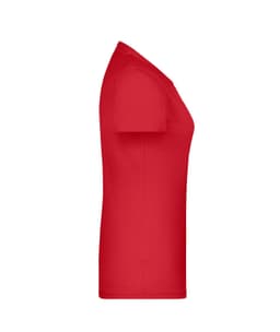 A red women's T-shirt displayed from the side, featuring a fitted design and short sleeves. It has a logo.