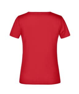 A red women's T-shirt featuring a simple design and a logo or branding on it.