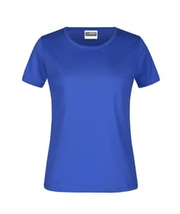 A blue women’s T-shirt with short sleeves and a round neckline, featuring a branding logo.