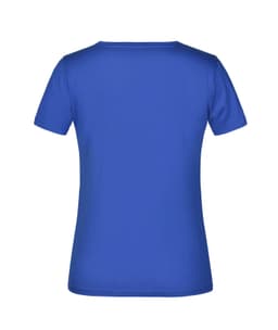 A blue women's t-shirt with short sleeves and a plain back. It has a logo on the label.