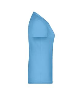 A light blue women's t-shirt displayed from the side, featuring a smooth fabric and short sleeves. The shirt has a logo.