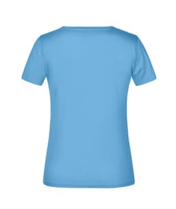 A light blue women's t-shirt with a round neck and short sleeves, featuring a logo on the back.