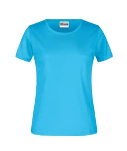 A light blue women's t-shirt with short sleeves and a round neckline, featuring a logo on the label.
