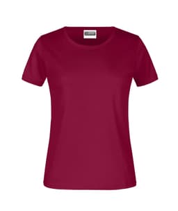 A maroon women's T-shirt with short sleeves and a round neckline, featuring a logo on the label.