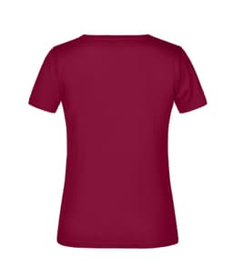 A maroon T-shirt with a classic crew neck and short sleeves, featuring a branding logo on the back.