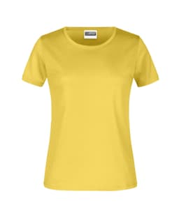 A yellow t-shirt for women featuring a classic crew neckline and short sleeves, with a brand label.