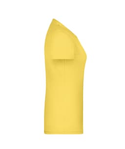 A yellow women's T-shirt displayed from the side, featuring a fitted style and a blank design.