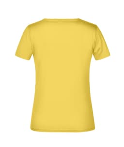 A yellow T-shirt with a classic short sleeve design, featuring a plain back and a logo.