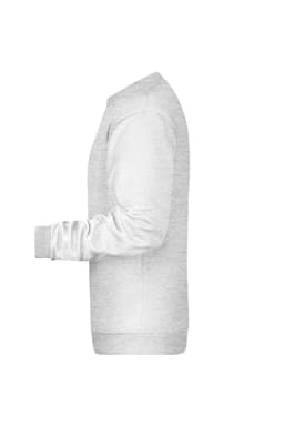 A grey men's jumper displayed from the side, featuring long sleeves and a round neckline, with a logo present.