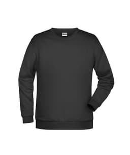A black men's sweatshirt featuring long sleeves and a crew neck design, with a logo on the label.