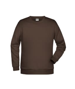 A brown men's jumper with long sleeves, featuring a ribbed crew neckline and cuffs. It has a logo on the chest.