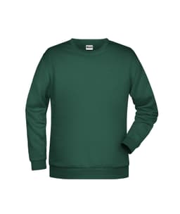 A green men's jumper with a round neckline and long sleeves, featuring a small logo on the front.