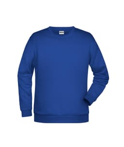 A blue men's sweater featuring long sleeves and a round neckline, with branding present.