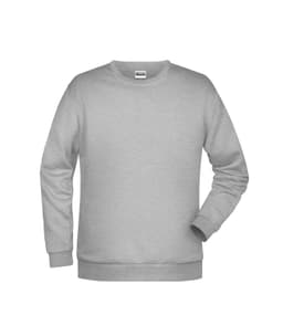 A grey men's jumper with long sleeves and a round neckline, featuring a branded label.