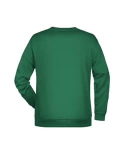 A green men's jumper featuring a crew neck and long sleeves, with a logo on the back.