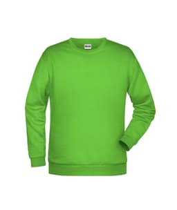 A green jumper featuring a round neck and long sleeves, with a logo on the front.