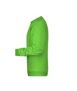 A bright green jumper with long sleeves, featuring ribbed cuffs and a crew neck design. It has a logo.