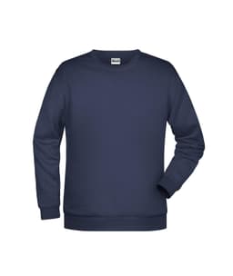 A navy blue men's jumper features long sleeves and a crew neck design. It includes a logo on the label.