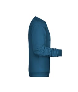 A blue men's jumper with long sleeves and ribbed cuffs, featuring a logo on the front.
