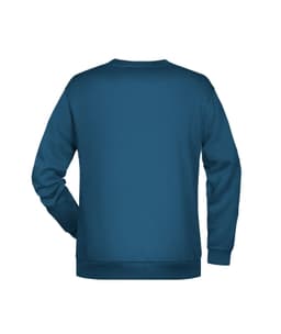 A blue men's sweatshirt featuring a crew neck and long sleeves, with a branding logo on the back.