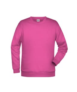 A pink men's sweatshirt with long sleeves and a crew neck design. It features a logo on the front.