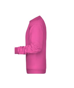 A pink men's jumper with a crew neck and ribbed cuffs, featuring a logo on the front.