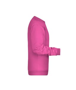 A pink jumper featuring a crew neck and long sleeves, displaying a simple design with a logo.