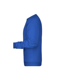A blue men's sweatshirt displayed from the side, featuring long sleeves and a round neck. It has a logo.
