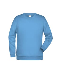A light blue men's sweatshirt with a classic crew neck and long sleeves, featuring a logo.