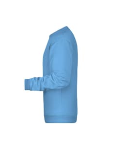 A light blue jumper featuring long sleeves and a crew neckline, with a logo on the front.