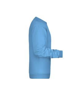 A blue men's jumper features a crew neck and long sleeves, with a subtle logo on the sleeve.