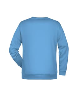 A blue men's jumper featuring a plain back design and a subtle logo.