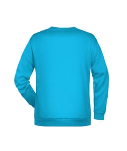 A blue men's jumper featuring a crew neck and long sleeves, with a plain back and a logo.