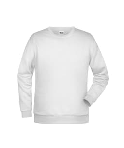 A white men's jumper with long sleeves and a crew neck design, featuring a logo on the front.