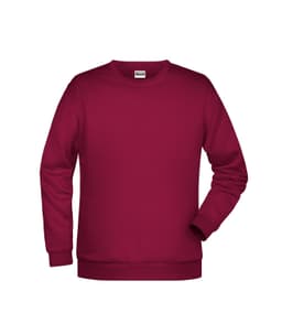 A maroon jumper featuring long sleeves and a crew neck, with a branding logo on the label.
