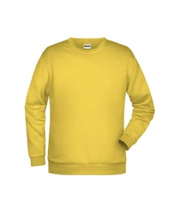 A yellow jumper made of a soft fabric, featuring long sleeves and a round neckline, with a small logo.